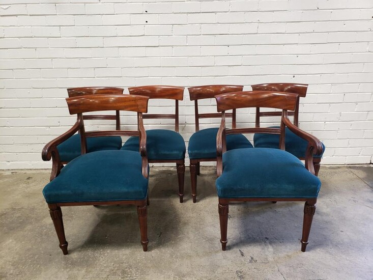Set of Six Early Victorian Mahogany Dining Chairs, including two armchairs, with rail backs, deep blue velvet seats & raised on turn...