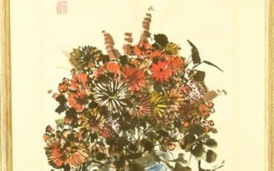 Signed Chinese Watercolor Painting of Flowers
