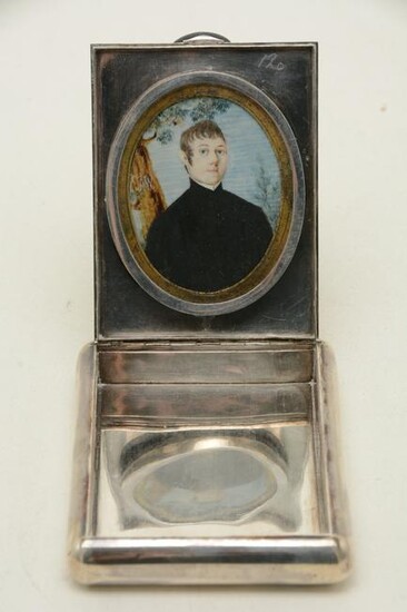 Silver box with miniature portrait. Top of unmarked