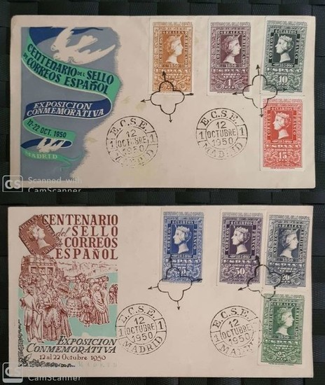 Spain 1950 - Centennial of Spanish stamps. Complete set in FDC + circulated FDC - Edifil 1075/1082