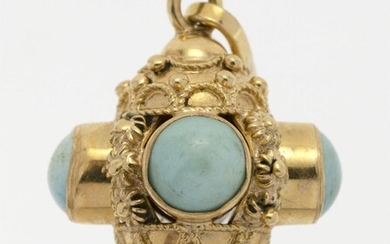 VINTAGE ITALIAN 18KT GOLD AND TURQUOISE ETRUSCAN-REVIVAL CHARM...