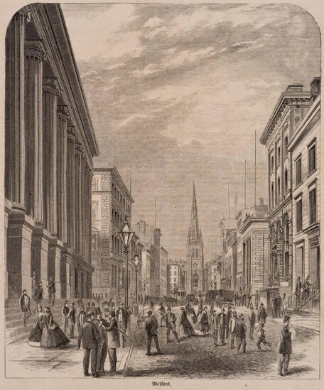 Street scene on Wall Street, Manhatten, New York, 19th century, wood engraving