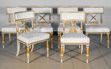 Suite de six chaises en bois sculpté, laqué... - Lot 221 - Marambat - de Malafosse