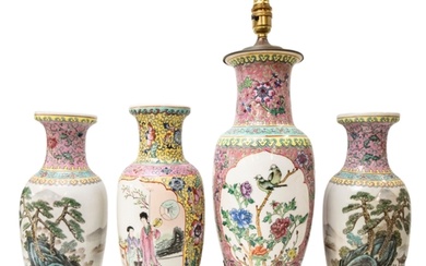 THREE FAMILLE ROSE BALUSTER VASES, REPUBLIC PERIOD AND AN EA...