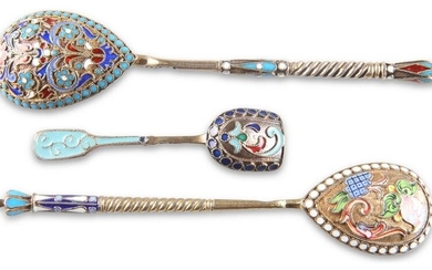 THREE RUSSIAN SILVER AND ENAMEL SPOONS, the first by