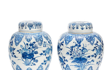 TWO BLUE AND WHITE GINGER JARS AND COVERS