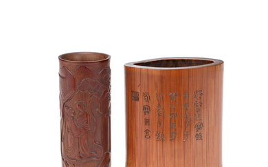 TWO CARVED BAMBOO BRUSH POTS, BITONG 19th century, each signed...