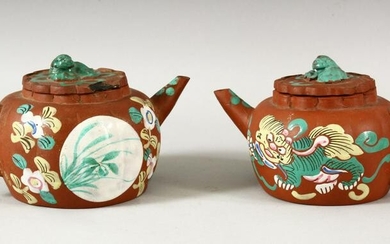TWO CHINESE YIXING CLAY TEAPOTS WITH POLY CHROME