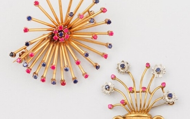TWO CORAL, SYNTHETIC GEM AND GOLD BROOCHES