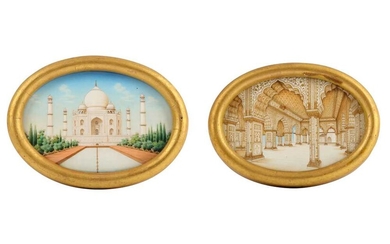 λ TWO INDIAN ARCHITECTURAL MINIATURES ON IVORY Possibly Delhi, North India, late 19th - early 20th century