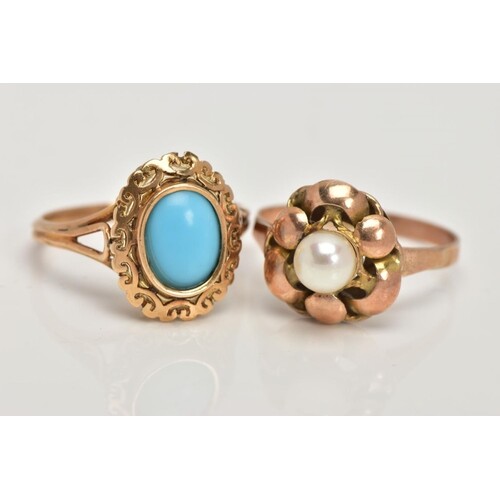 TWO YELLOW METAL RINGS, the first set with an oval turquoise...