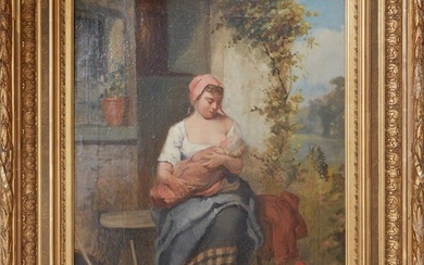 Theodore Gerard (Belgian, 1829-1902), "Woman Feeding Her Baby and the Hens," H.- 23 3/4 in., W.- 18