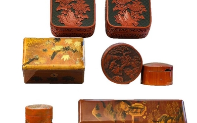 Three Oriental cinnabar lacquer boxes, and four other Japanese...