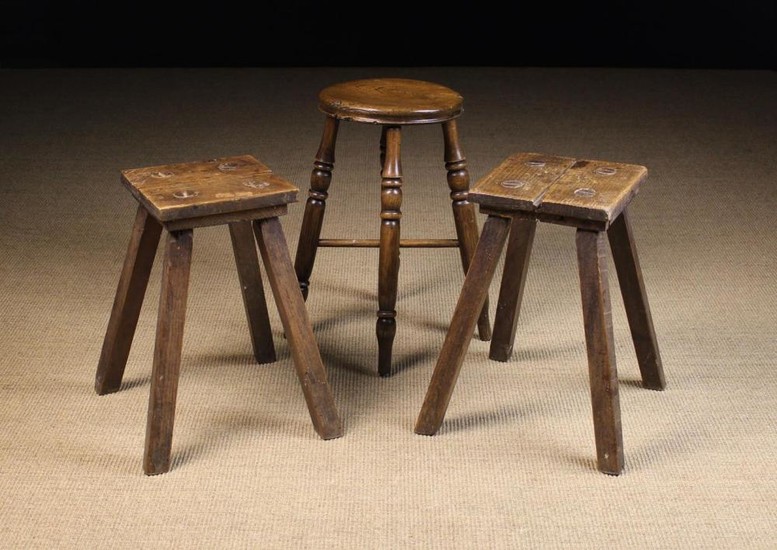 Three 19th Century Country Stools: One having a round turned elm seat and raised on knopped baluster