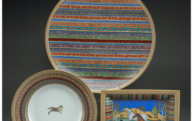 Three Hermes Porcelain Cheval D'Orient Pattern Dishes (designed 2006)