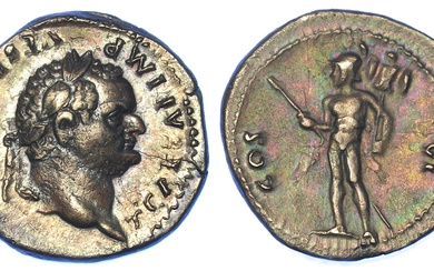 Titus (César), 69-79. Denier, 77-78. Rome. Tête laurée à droite. R/ Mars debout à gauche,...