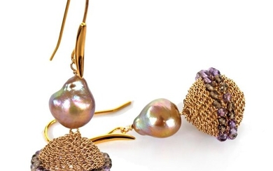 Tove Rygg - 14 kt. Gold-filled, Gold-plated, Multicolor freshwater pearls - Earrings - Amethysts, Smoke quartz
