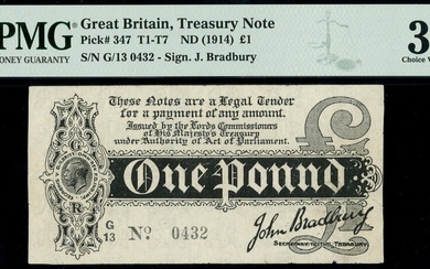 Treasury Series, John Bradbury, first issue £1, ND (7 August 1914), serial number G/13 0432, (E...