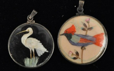 Two Antique Double Sided Feather Bird Pendants