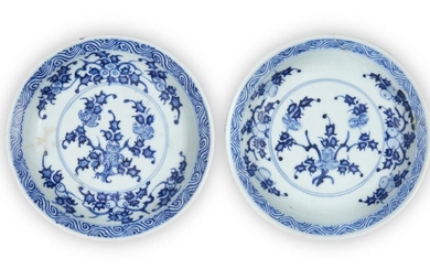 Two Chinese blue and white saucer dishes, 18th century, each painted with finger citron to the central reserve inside a border of fruiting branches, 15cm diameter (2) 十八世紀 青花繪佛手柑紋小碟一對