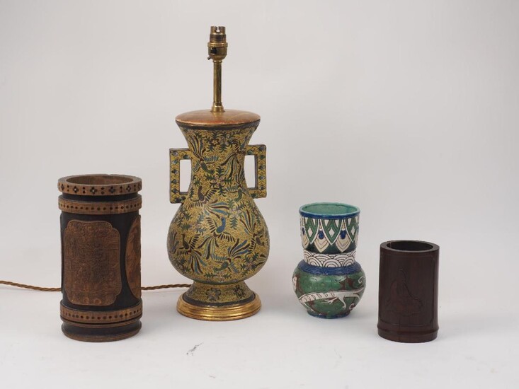 Two Chinese carved bamboo brush pots, 20th century, a vase painted with dragons, and an enamel vase converted to a lamp, 32cm high excl. fitment (4) It is the buyer's responsibility to ensure that electrical items are professionally rewired for use.
