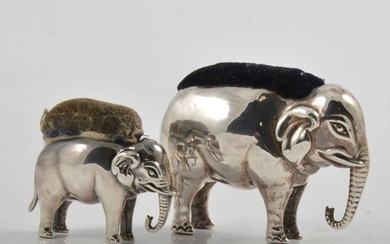 Two Edwardian silver novelty pin cushions, designed as elephants