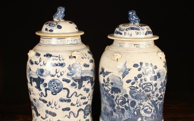 Two Vintage Chinese Blue & White Stoneware Temple Jars with relief moulded animal face masks to the