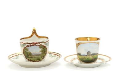 Two porcelain cups and saucers, one decorated with the Eremitage Castle. B&G and Royal Copenhagen. 19th century. (4 parts)