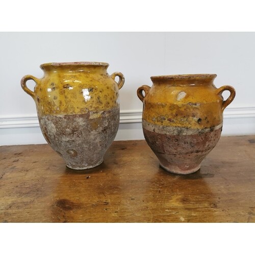 Two rare 19th C. glazed terracotta Confit pots {27 cm H x 26...