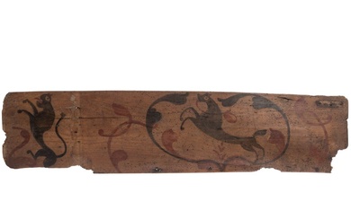 Un couvercle en bois peint tyrolien d'un coffre gothique, 14e siècle Panneau rectangulaire en bois,...