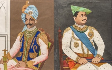 Unsigned Watercolor And Gold on Paper, Portraits of Indian Maharaja, Ca. 1900, H 35" W 29" 2 pcs