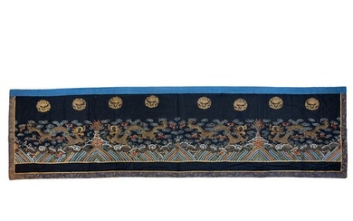 VERY LONG CHINESE EMBROIDERED SILK AND GOLD THREAD DARK-BLUE...