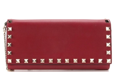 Valentino Rockstud Wallet on Chain in Red Smooth Leather