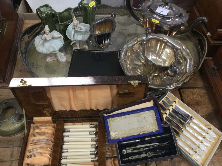 Various silver plate, draughtsmans set, ceramics.