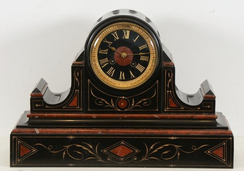 Victorian slate and red marble tambor shelf clock, late