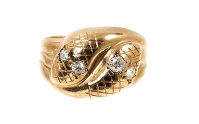 Victorian style 9ct gold and diamond snake ring with two intertwined snakes, with old cut diamond eyes. Ring size P.