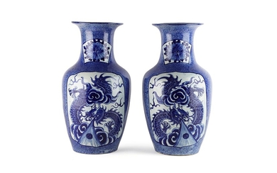 Vietnam, 19e siècle Paire de vases en céramique à couverte bleu poudré et décor de...