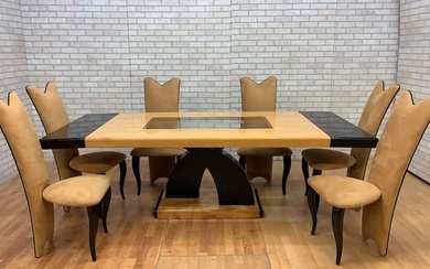 Vintage Art Deco Italian Maple and Black Lacquer Extending Dining...