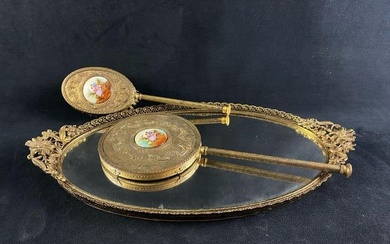 Vintage Brass Plated Vanity Set Mirror - Tray - Brush