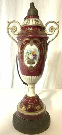 Vintage Ornate Porcelain Lamp W Brass Base