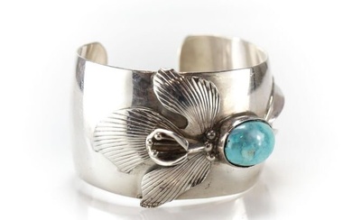 Vintage Sterling Silver Turquoise applied Iris Flower Cuff Bracelet Hand Chased