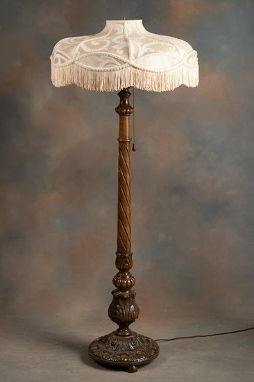 Vintage carved wooden Floor Lamp, circa 1920-1930s, with elaborate 27" handmade silk shade with