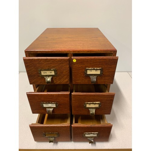 Vintage solid oak card index filing cabinet. 36cm H x 40cm D...