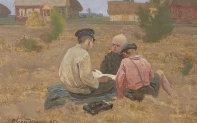 Vladimir Semenovich Zakharkin, Russian b.1923- Boys in a Field, 1965; oil on canvas, signed and dated '65 lower left, bears inscription to the reverse, 50 x 69.5 cm