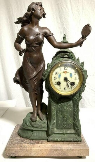 Vntg Bronze Female Figure Clock W Marble Base