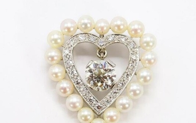 White Gold, Diamond and Pearl Heart Pendant