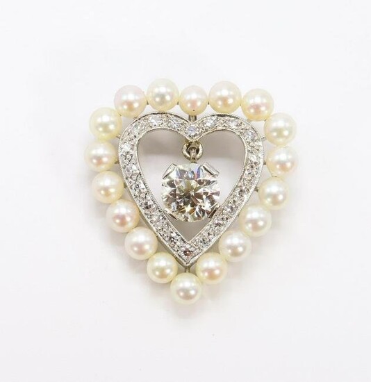 White Gold, Diamond and Pearl Heart Pendant