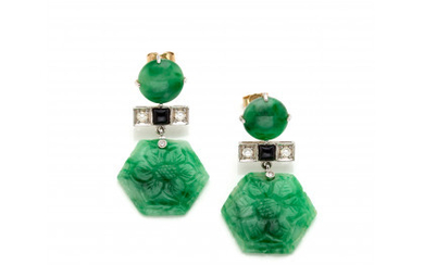 White gold pendant earrings with carved jadeite, onyx and diamonds, g 8.95 circa, length cm 3.70 circa.