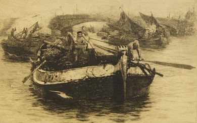 William Lionel Wyllie, British 1851-1931- Rowing boat on the Thames; etching, signed in pencil lower left, 35.5 x 47.5 cm