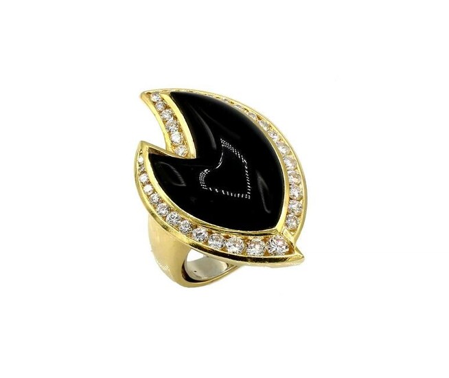 Yellow Gold Carved Black Onyx and Diamond Ring